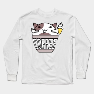 Cat in coffee cup with warped text holding ice cream white and brown Long Sleeve T-Shirt